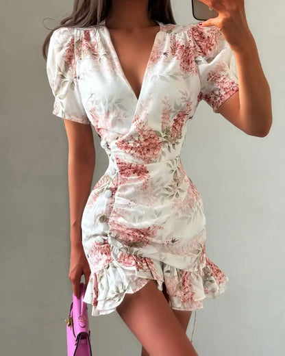 Vestido Curto Elegante com Estampado e Folhos Decote em V Manga Curta Cintado Plissado Mini Vestidos de Festa para Mulher Vestidos 2026