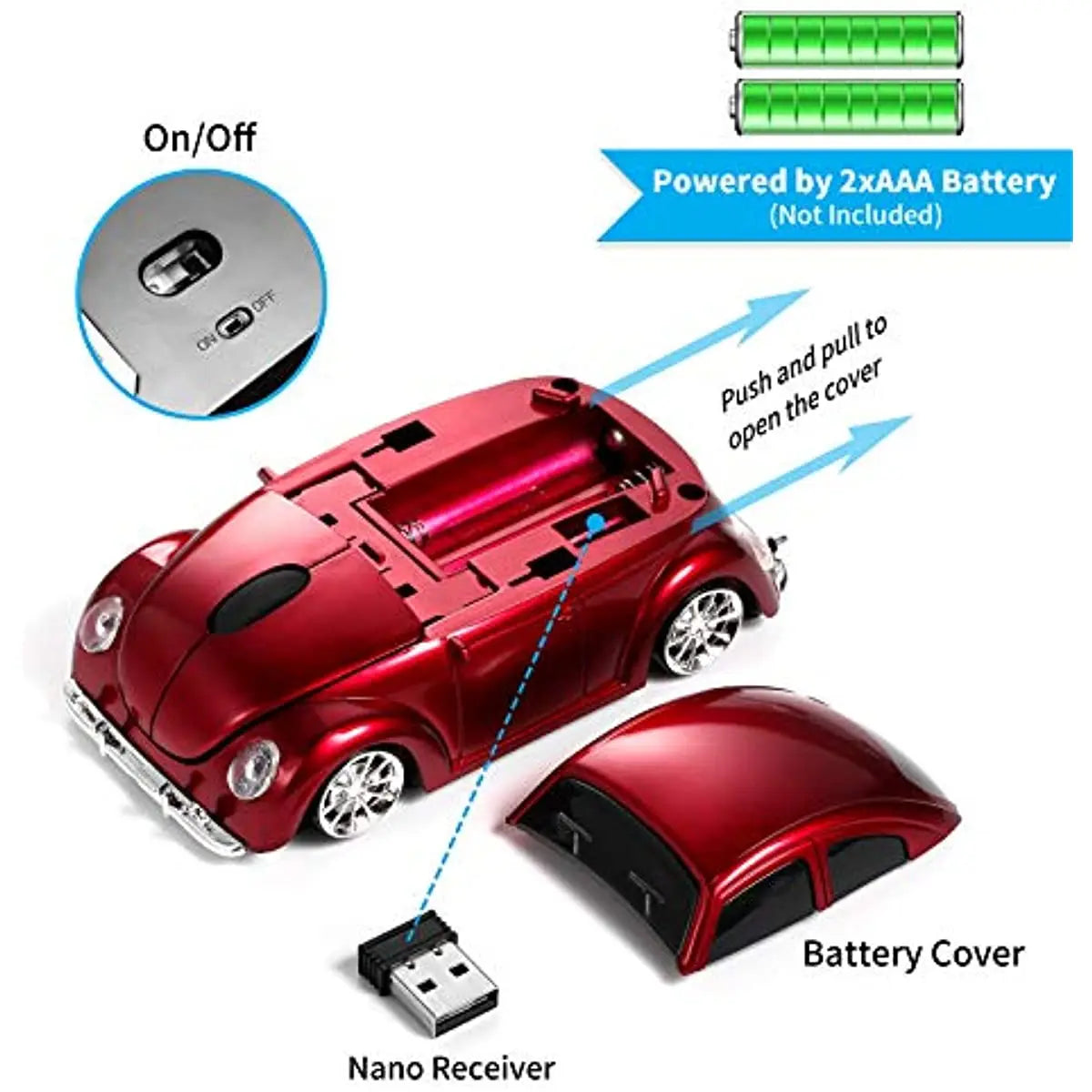 Rato com o Formato de Carro Clássico [Atualizado] com Faróis LED, 1600 DPI, Rato de Computador Sem Fios 2.4Ghz, Confortável para Todas as Utilizações