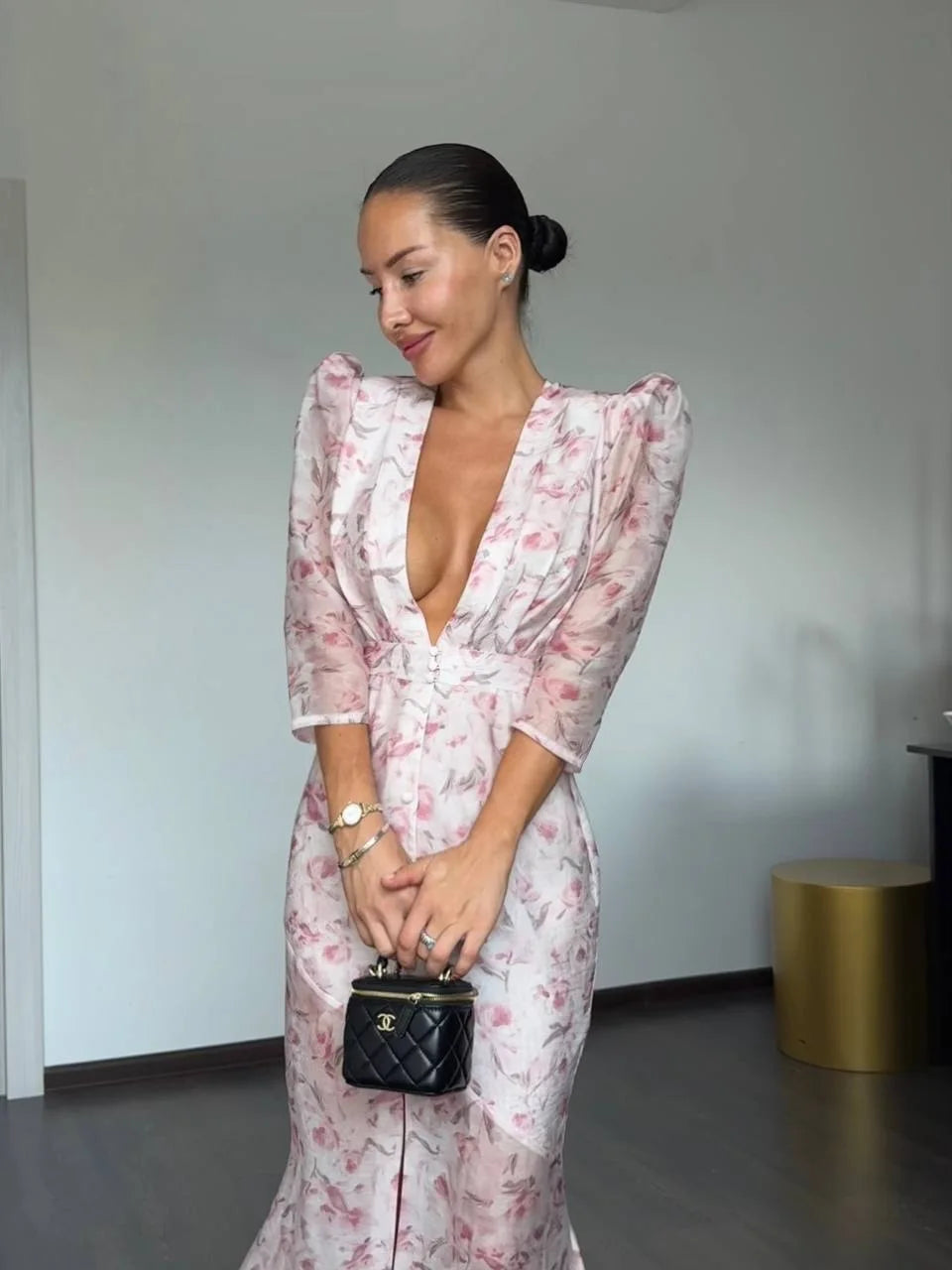 Vestido Elegante Estampado Feminino Decote em V Profundo Manga Comprida Cintura Marcada Vestidos Plissados 2026 Verão Senhora Férias Festa Vestidos