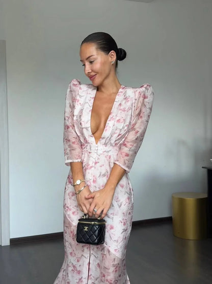 Vestido Elegante Estampado Feminino Decote em V Profundo Manga Comprida Cintura Marcada Vestidos Plissados 2026 Verão Senhora Férias Festa Vestidos