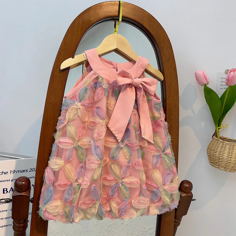 Vestido de Ursa Líder para Menina 2025 Verão Novo Vestido de Menina Vestido de Princesa Vestido de Fio com Flores Coloridas para Criança Roupa Infantil