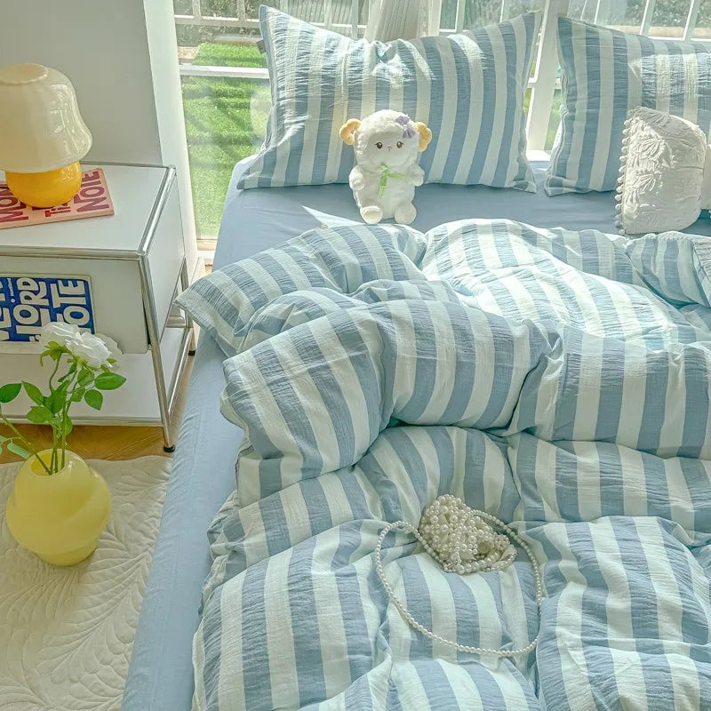 Lightweight Hotel Luxury Duvet Cover 4Pcs Blue White Vertical Stripes Ultra Soft Breathable Comforter Cover Bed Sheet Pillowcase
