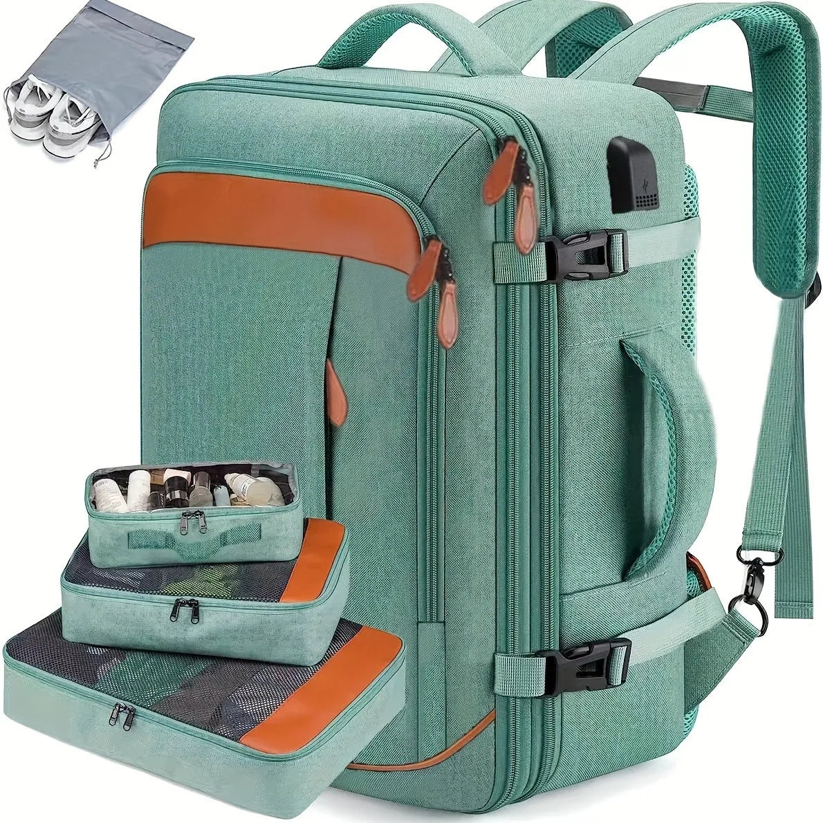 Mochila de viagem com porta de carregamento USB, vários sacos organizadores e compartimento para sapatos, mochila de bagagem de gr