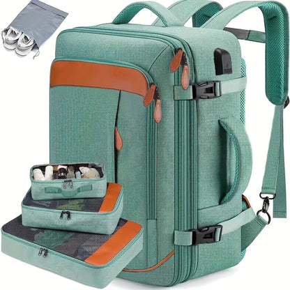 Mochila de viagem com porta de carregamento USB, vários sacos organizadores e compartimento para sapatos, mochila de bagagem de gr