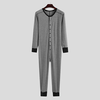 Spring Men O Neck One-piece Pajamas Long Sleeve Striped Daily Home Wear Rompers Slim-fit Button-down Cozy Sexy Tight Sleepwear