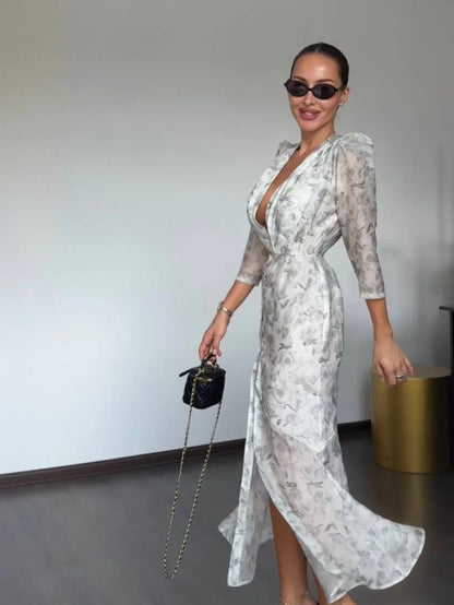 Vestido Elegante Estampado Feminino Decote em V Profundo Manga Comprida Cintura Marcada Vestidos Plissados 2026 Verão Senhora Férias Festa Vestidos