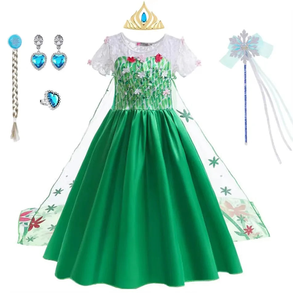 Traje da Elsa para Meninas Vestido Verde de Festa de Aniversário Fantasia Crianças Cosplay Vestido de Princesa para Festa de Carnaval Vestidos Infantis