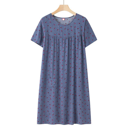 Middle-Aged and Elderly Short Sleeve Nightdresses Women Pajamas Summer Thin Loose Dresses Printed Ladies Sleepwear Homewear
