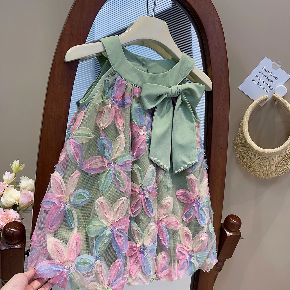 Vestido de Ursa Líder para Menina 2025 Verão Novo Vestido de Menina Vestido de Princesa Vestido de Fio com Flores Coloridas para Criança Roupa Infantil