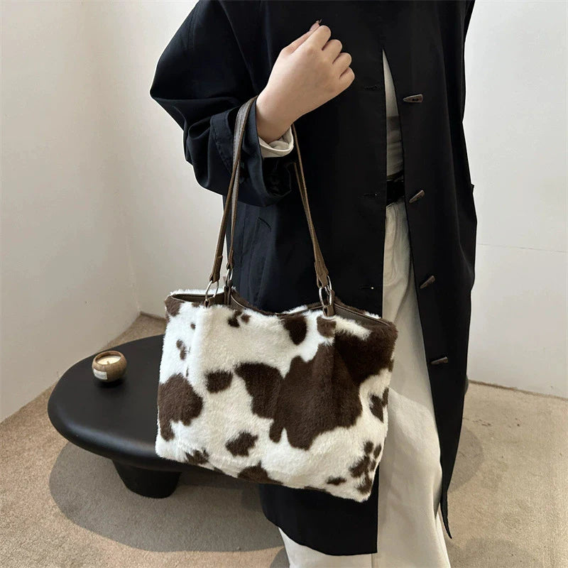 Large Capacity Shopper Bags For Women Winter Travel Tote Bag Cow Printing Plush Shoulder Bag Ladies Handbag Designer Bolsos