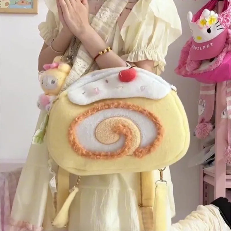 Mochilas Mulher Y2K Roll Cake Mochila Feminina Bolsas de Ombro Kawaii Para Mulher Peluche Macio Grande Capacidade Mochilas Fofas Estéticas