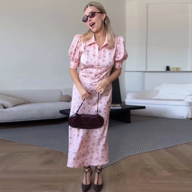 Vestido Longo Floral com Botões de Pérola, Gola com Lapela, Manga Curta Abaulada, Cintura Marcada, Estampado, Slim, Elegante, Moda Feminina, Vestido Novo de Senhora