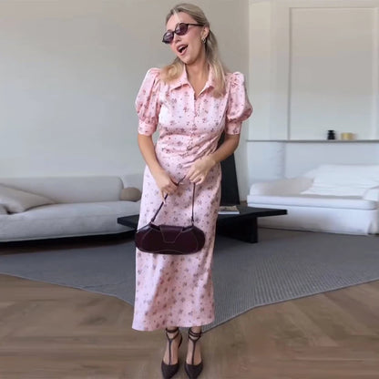 Vestido Longo Floral com Botões de Pérola, Gola com Lapela, Manga Curta Abaulada, Cintura Marcada, Estampado, Slim, Elegante, Moda Feminina, Vestido Novo de Senhora