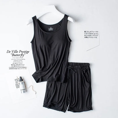 Summer Women's Pajamas Set Modal Cotton Vest Shirt Shorts 2 Pieces Suit Bra Padded Soft Sleepwear Slim Student Nightwear Pijama