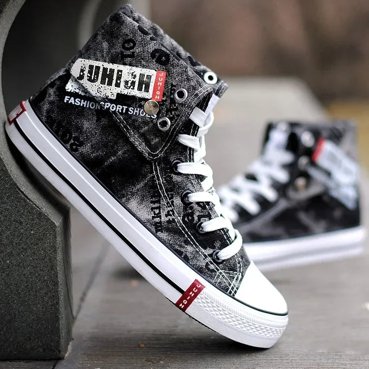 Men Canvas Shoes High-top Flats Lace-up Men Shoes Print Denim Shoes for Male Breathable Casual Shoe Cowboy Boots Tenis Masculino