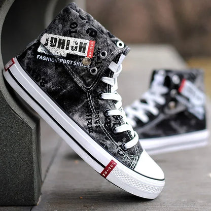 Men Canvas Shoes High-top Flats Lace-up Men Shoes Print Denim Shoes for Male Breathable Casual Shoe Cowboy Boots Tenis Masculino
