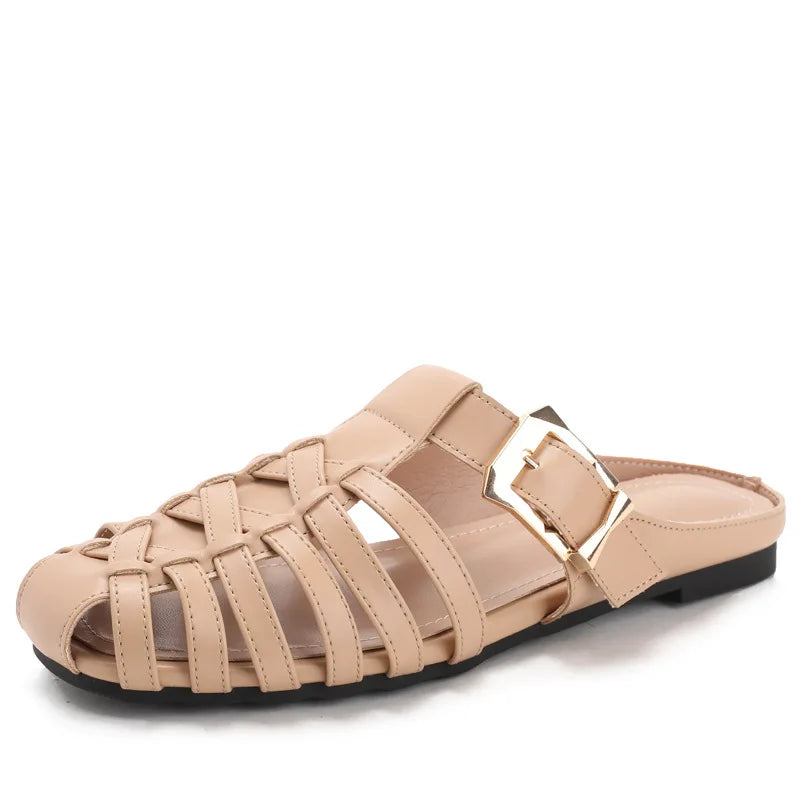 sandalias de mujer Summer mules Flats Sandals New Handmade Woven Breathable Flat Slippers Casual   Leather Women's Slip-on Shoes