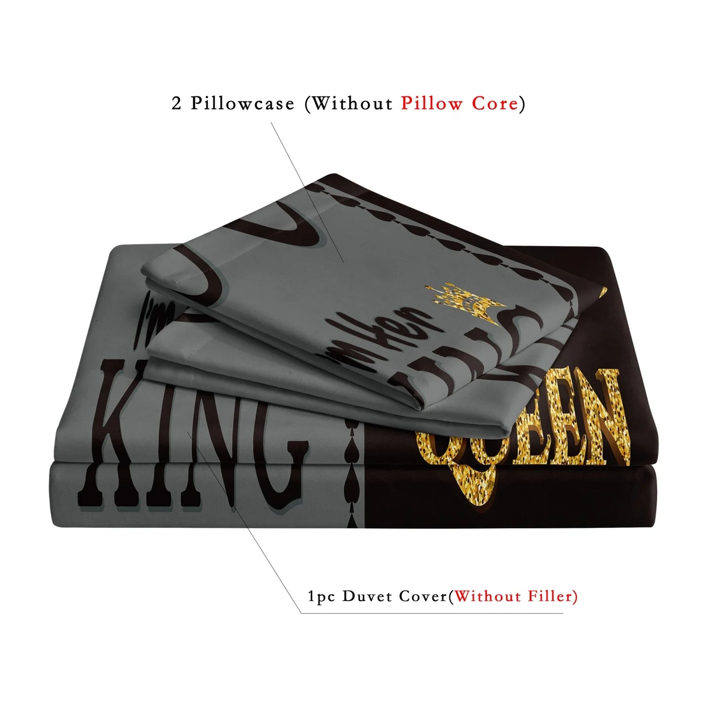 3pcs Duvet Cover Set Definition Printed Black And Gray  King Letters With A Crown Design, Suitable For Home Or Dorm Use