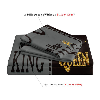 3pcs Duvet Cover Set Definition Printed Black And Gray  King Letters With A Crown Design, Suitable For Home Or Dorm Use