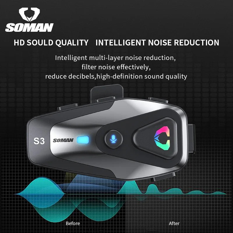 Soman Motorcycle Helmet Headset Bluetooth 5.3 Wireless IPX6 Waterproof Support Connecting 2 Phones Same Time Headphone cascos