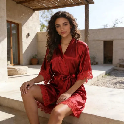 Women's Elegant Smooth Robe Short Dressingwith Lace Trim & Waist Belt Home Loungewear Sleepwear Nightwear Black Red.