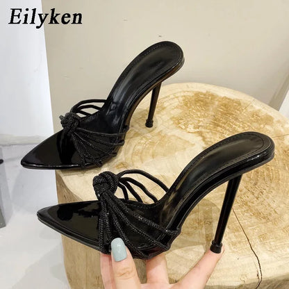 Eilyken Sexy High Heels Slipper Women Summer Fashion CRYSTAL Narrow Band Pointed Toe Slides Stripper Party Sandal Mule Shoes