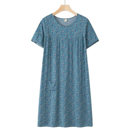 Middle-Aged and Elderly Short Sleeve Nightdresses Women Pajamas Summer Thin Loose Dresses Printed Ladies Sleepwear Homewear