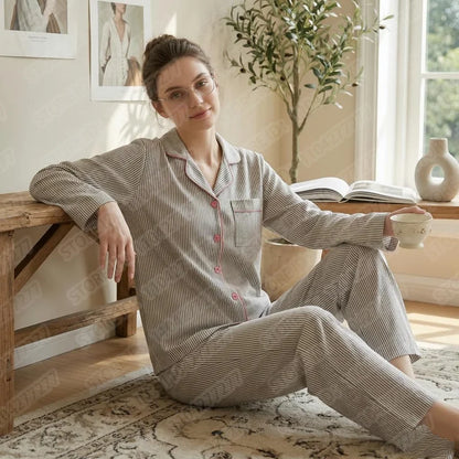 2PCS/Set Women's Long Sleeve Striped Pajama Set, Soft Breathable Loungewear, Casual Loose Fit Sleepwear for Girls