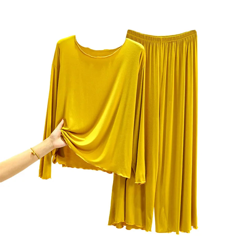 Modal Thin Long Sleeved T-Shirt Set for Women in Spring and Autumn Pajamas Plus Loose Base Shirt Solid Color Sleepwear Homewear