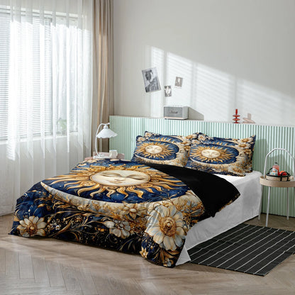 3pcs Duvet Cover Set (1 Duvet Cover + 2 Pillowcases), Featuring High-Definition Printed Golden Sun, And Planets Home Or Dorm Use