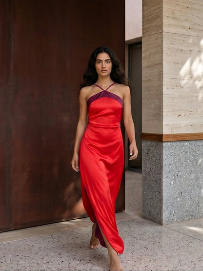 Color Blocking Scarf Collar Sling Dress Sexy Waist Cinching Chic Split Bodycon Maxi Dresses 2026 Lady Club Party Vestido