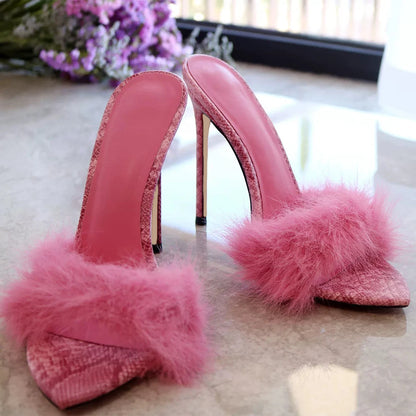 Chinelos de Mulher Rosa Fluffy Flufft 12cm Salto Alto de Pelo Festa Noite Aniversário Sandálias Sexy Bico Fino Sapatos Slingback para Senhoras