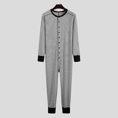 Spring Men O Neck One-piece Pajamas Long Sleeve Striped Daily Home Wear Rompers Slim-fit Button-down Cozy Sexy Tight Sleepwear
