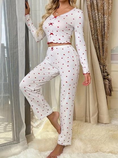 2PCS Women Elegant Pajama Set V-Neck Long Sleeve Top Pants Heart Pattern Sleepwear Comfortable Knit Homewear Casual Style