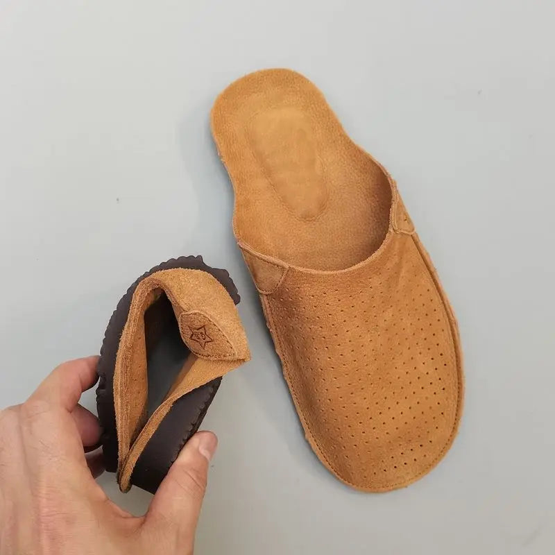 natural Leather mule slippers Men's summer Slippers Cowhide Hollow Breathable Soft Bottom Retro Handmade Cool Slipper Summer