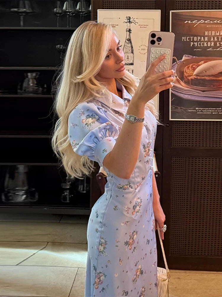 Vestido Longo Floral com Botões de Pérola, Gola com Lapela, Manga Curta Abaulada, Cintura Marcada, Estampado, Slim, Elegante, Moda Feminina, Vestido Novo de Senhora