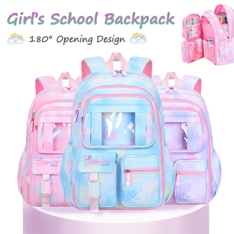 Mochilas Escolares para Meninas Criança Mochila de Ombro Cor Doce Bonito com Grande Capacidade de Abertura Lateral