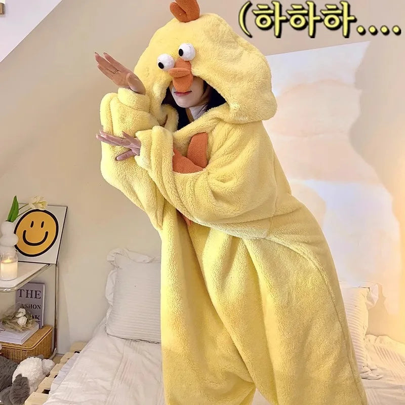 New Pajamas Cartoon Anime Sleepwear Little Yellow Chicken Bodysuit Coral Fleece Warm Comfortable Thicken Nightgown Homewear Robe