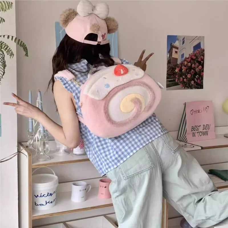 Mochilas Mulher Y2K Roll Cake Mochila Feminina Bolsas de Ombro Kawaii Para Mulher Peluche Macio Grande Capacidade Mochilas Fofas Estéticas