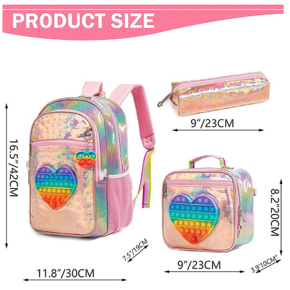 3pcs Sets Cute Love Design Girls' School Backpack Mochilas for Elementary School Bags With Lunch Box Pencil Case Age 6-13