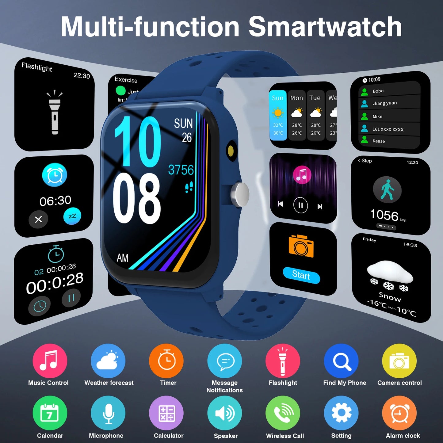 Smart Watch, Chamada/Marcação sem fios, Modo Multi-desportos, Vários Lembretes de Aplicações, Adequado para Homens e Mulheres, Compatível com IPhone/An