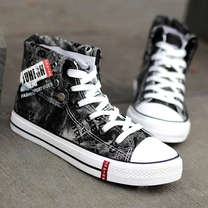 Men Canvas Shoes High-top Flats Lace-up Men Shoes Print Denim Shoes for Male Breathable Casual Shoe Cowboy Boots Tenis Masculino
