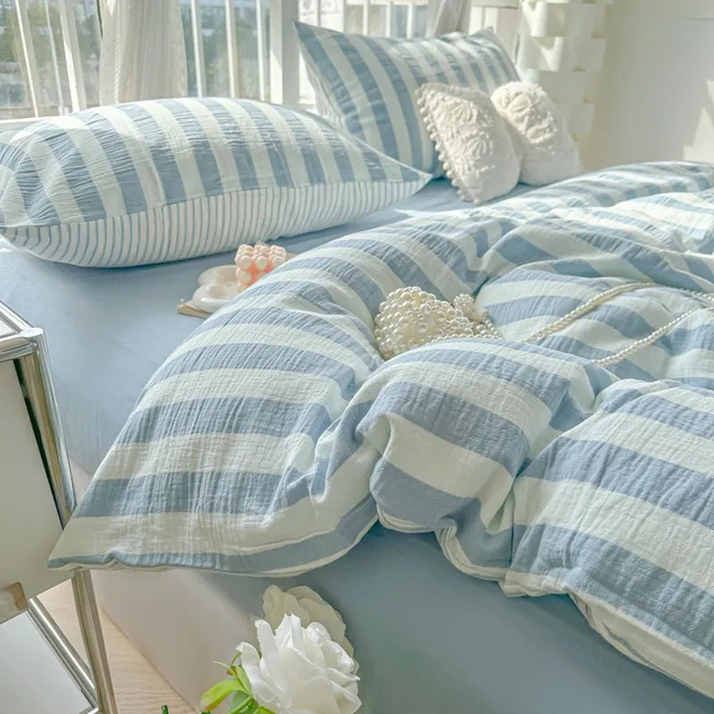Lightweight Hotel Luxury Duvet Cover 4Pcs Blue White Vertical Stripes Ultra Soft Breathable Comforter Cover Bed Sheet Pillowcase