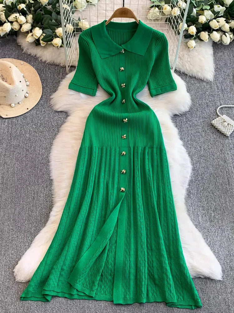 2025 Vestidos de Mulher Linha A Vazados Vestidos Femininos de Malha Vintage Robe Femme Cintura Alta Verão Coreano Vestido de Peitilho Único
