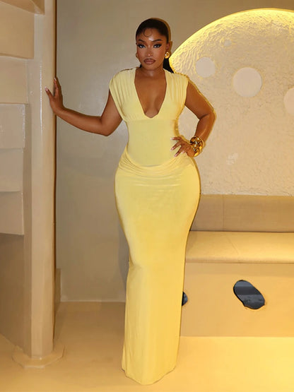 Vestido Maxi Bodycon Sexy Franzido Mulheres Sólido Sem Mangas Decote em V Vestidos Longos Finos Feminino Festa Noite Roupa de Clube Noite 2026