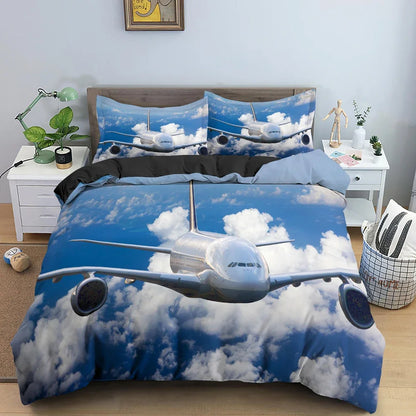 Boys Airplane Duvet Cover Set Children Teens Aviation Aircraft Runway Bedding Set 3D Airplane Cover Room Decortion for Adults