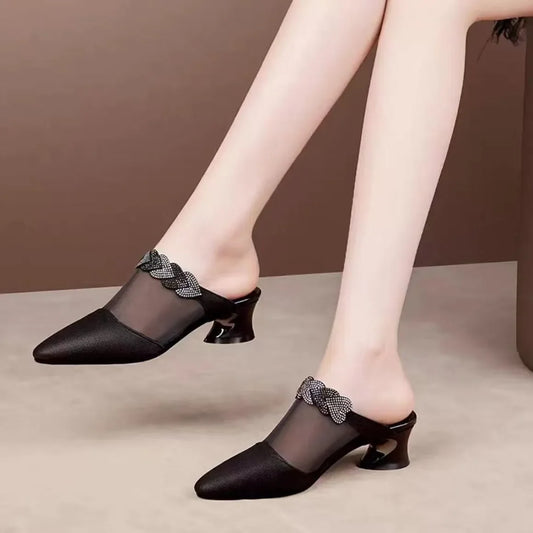 Cresfimix Sapatos Femininos Women Fashion Pointed Toe Mesh Transparent Summer Square Heels Lady Casual Sweet Heel Shoes A7016