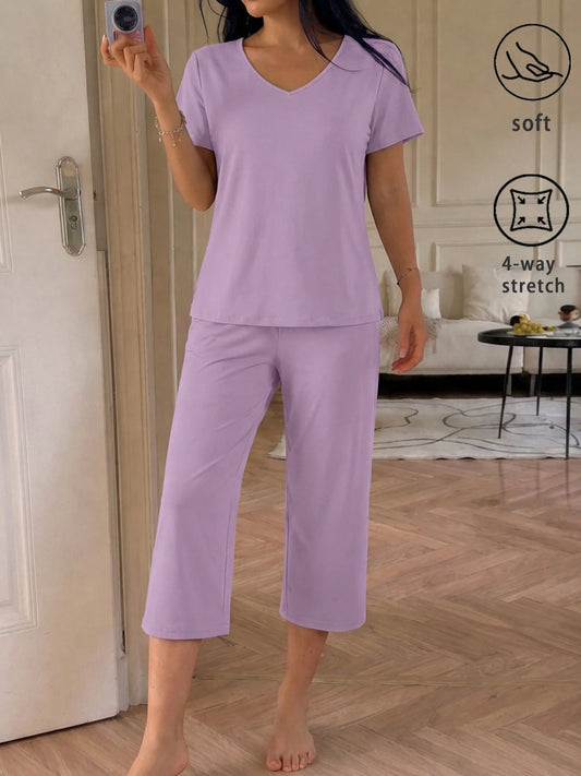 Womens Super Soft Pajama Sets Short Sleeve Top With Capri Pants Sleepwear 2 Piece Lounge Set