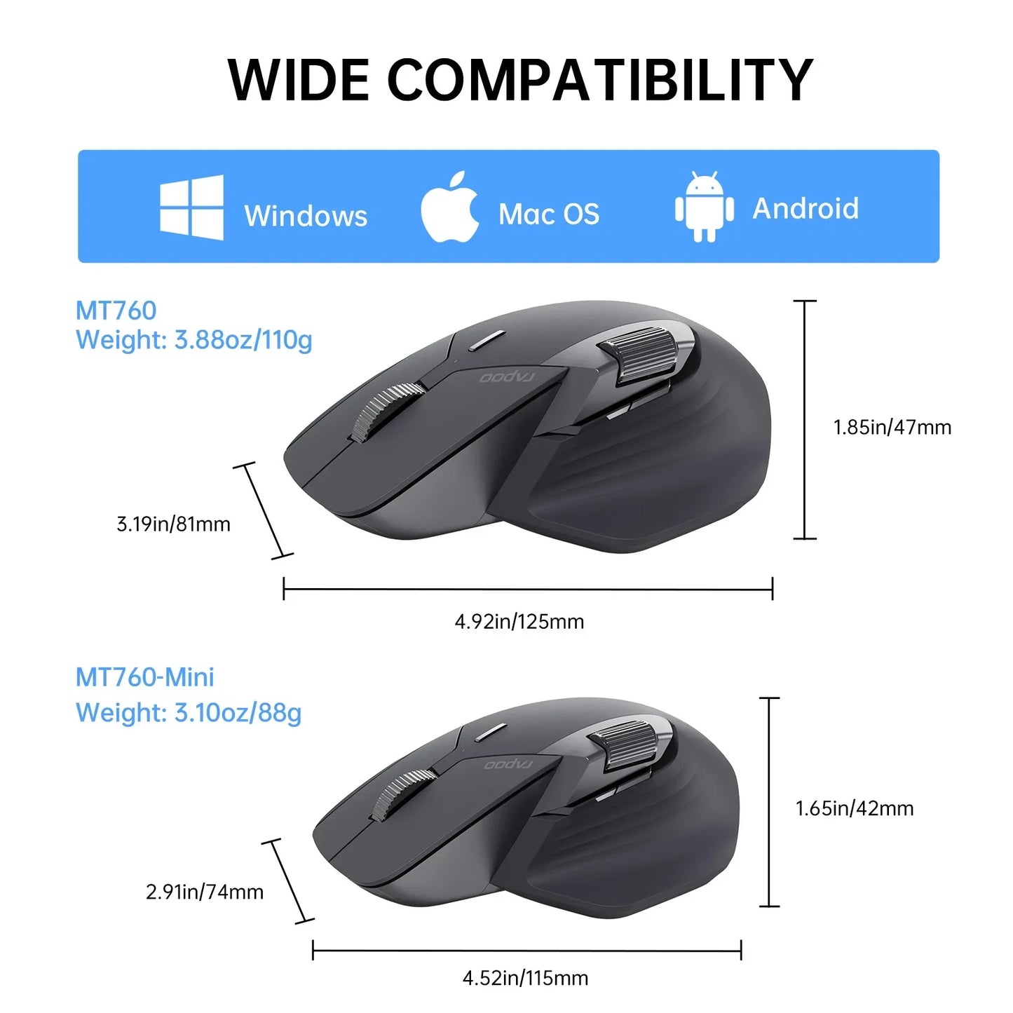 Rato Sem Fios Recarregável Multi-modo Ergonómico Rapoo MT760L/MT760M 4000 DPI Suporta Até 4 Dispositivos Rato Bluetooth